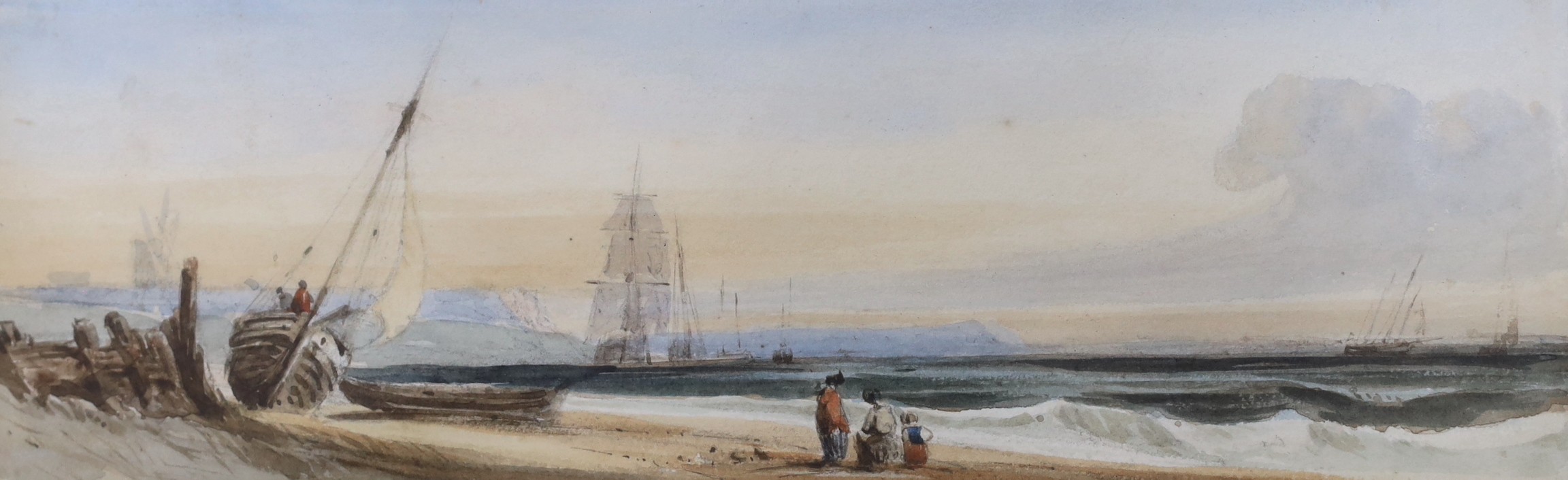 François Louis Thomas Francia (1772–1839), watercolour, Coastal view with fishing boats moored below a castle, 7 x 22cm